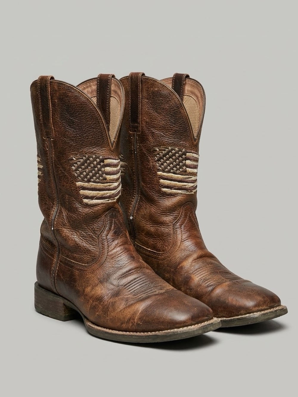 Ariat Brown Leather Cowboy Boots with USA Flag Stitch